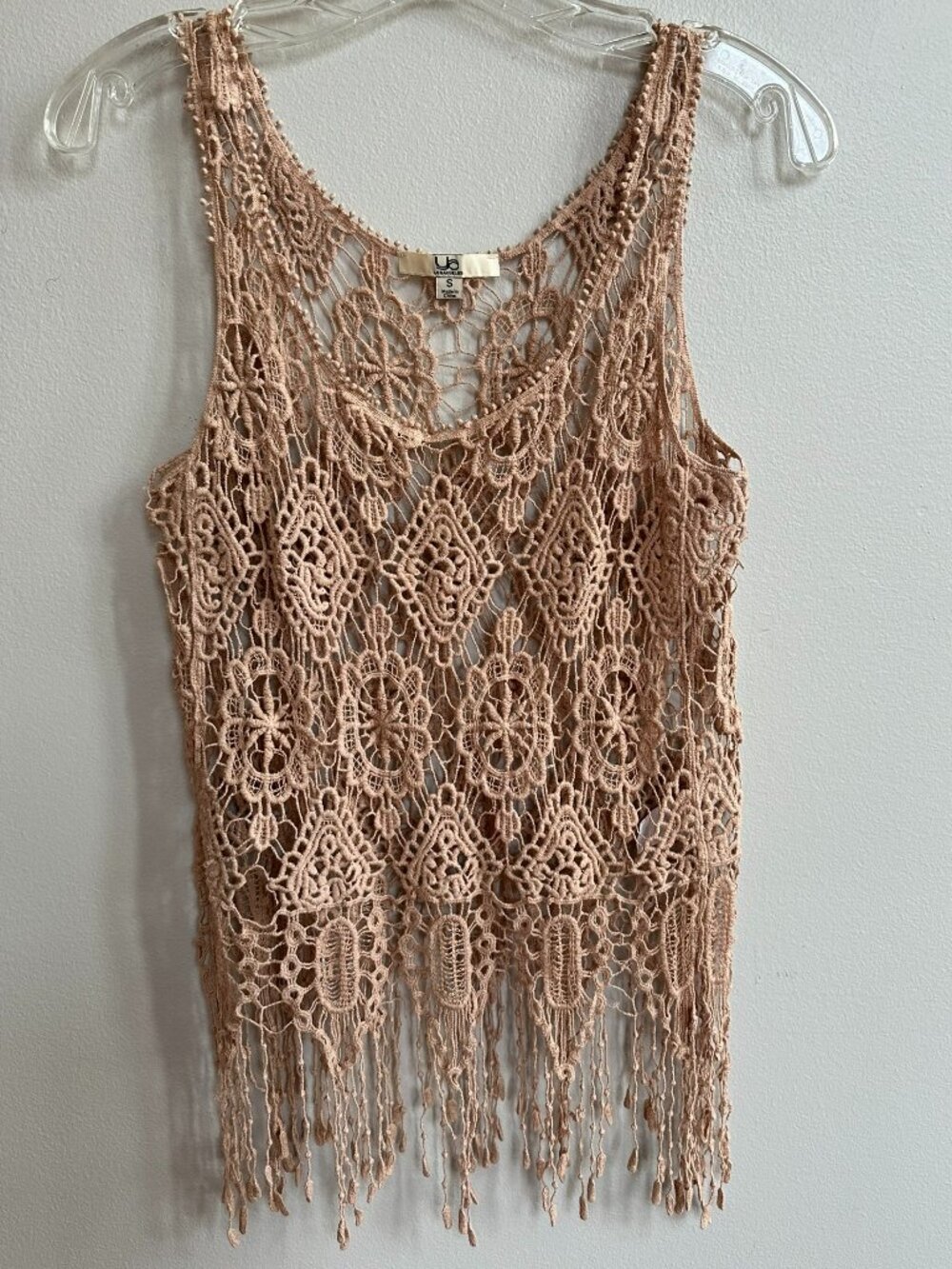 Tan BOHO Chic Crochet Fringe Vest Tank Top Size Small YA Los Angeles Festival